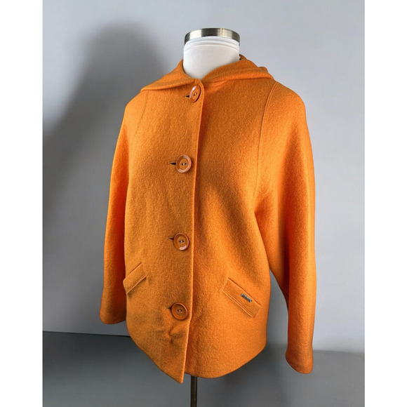 Geiger Austria Boiled Wool Coat Cardigan Jacket Hooded Button Orange Size 36 - Picture 16 of 16